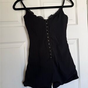 Frankie’s bikinis Elegant Black Lace-Trimmed Women's Romper